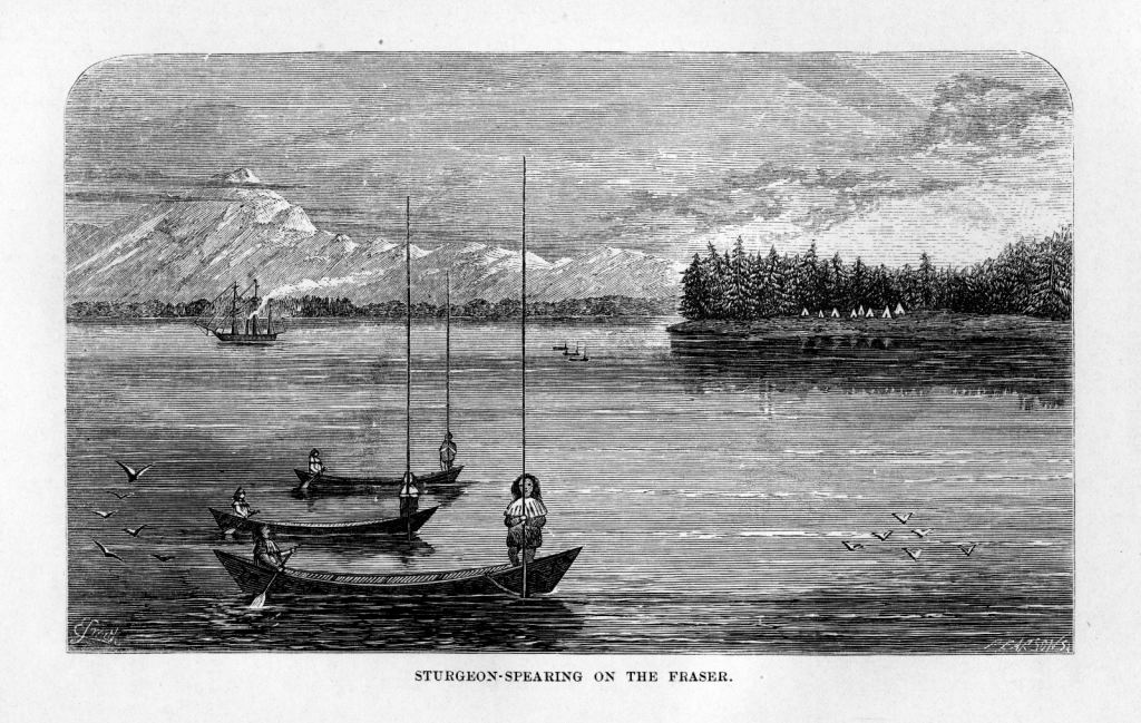 An etched illustration depicting three canoes in the foreground, each holding a person paddling and a person with a harpoon. These Harpoons could be up to 40~50 ft long depending on the depth of the river and were outfitted with toggling harpoon heads attached to a rope. In the background there is a three-mast ship sailing in front of tall mountains.