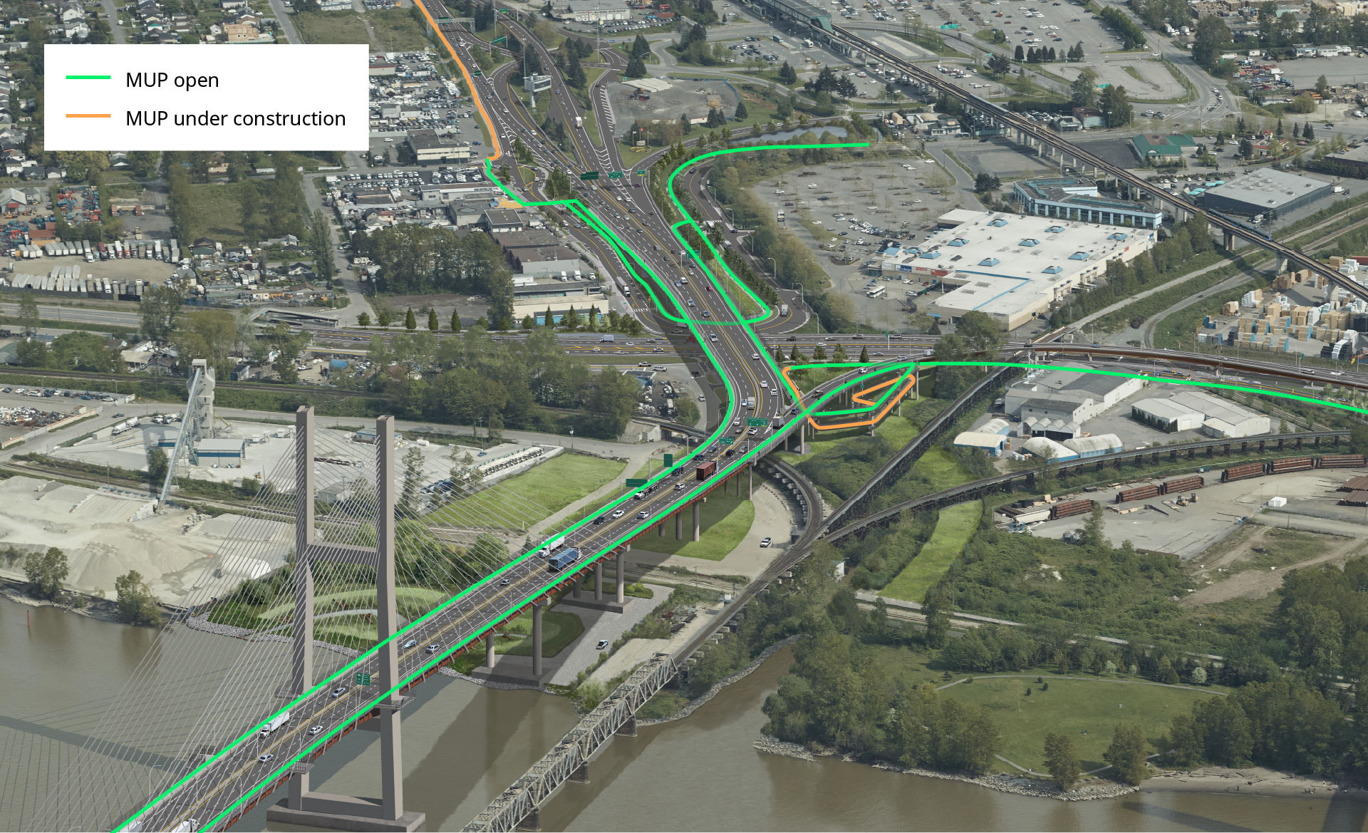 Aerial view of the multi-use path on the east side of the stal̕əw̓asəm Bridge in New Westminster, showing routes for new and under-construction paths